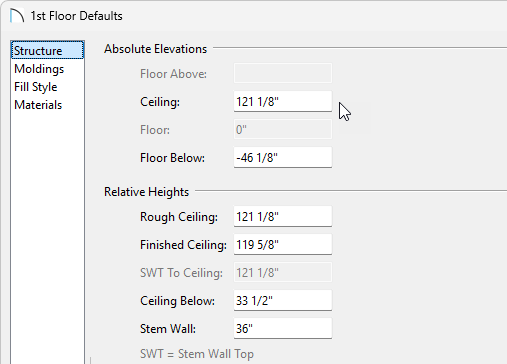 In the 1st Floor Defaults set your Ceiling Height.