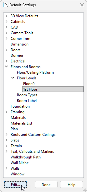 In your Default Settings, expand Floors and Rooms, expand Floor Levels, select 1st Floor and click Edit.