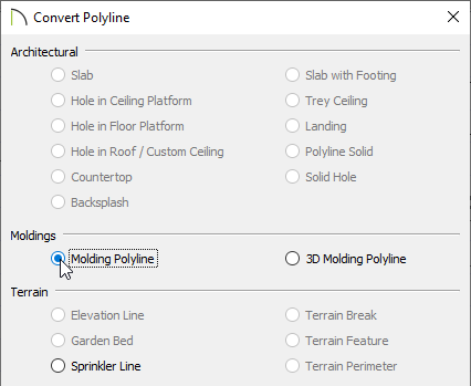 Select the Molding Polyline option in the Convert Polyline dialog