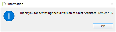 Information message saying the full version has been activated