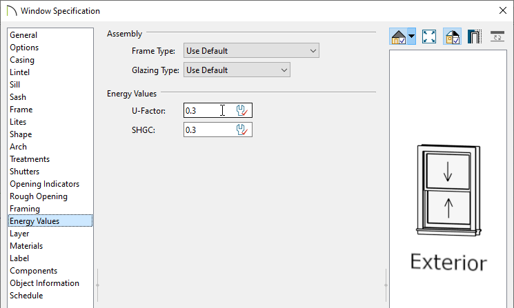 Set the Energy Values for the Window in the Specification Dialogue