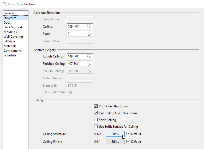 In the Room Specification Dialogue, in the Structure Tab, press the "Ceiling Structure" button.