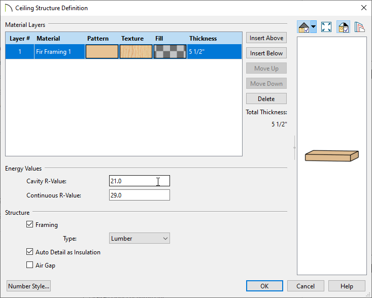 In the Ceiling Structure Definition Dialogue, set the R-Value's as needed