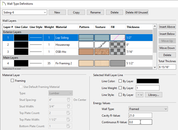 In the Wall Type Defintions Dialgoue, set the R-Values as needed