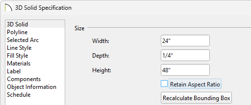 Set the Depth or Thickness on the 3D or General panel