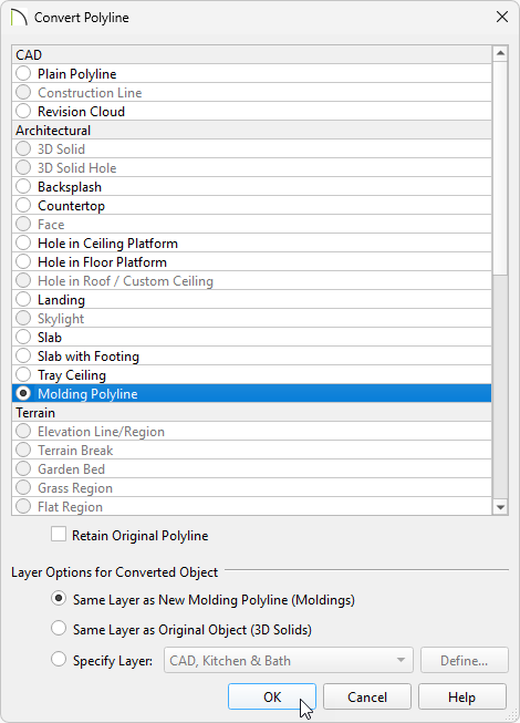 Select the Molding Polyline option in the Convert Polyline dialog