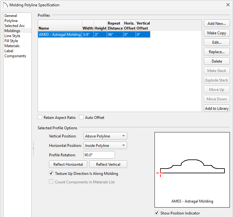 Adjust the molding profile on the Moldings panel of the 3D Molding Polyline Specification dialog