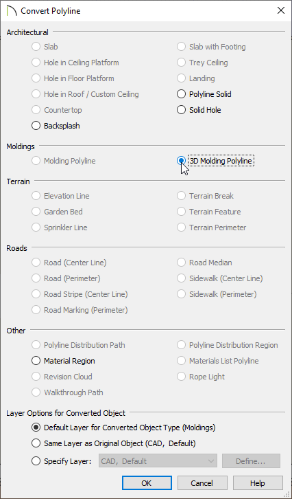 Select the 3D Molding Polyline option in the Convert Polyline dialog