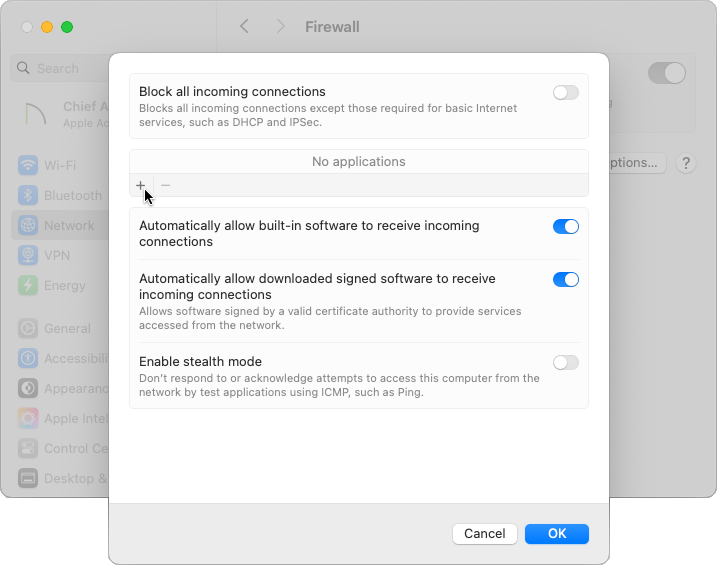 Add a new application to the Firewall Options
