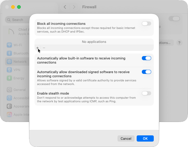 Add a new application to the Firewall Options