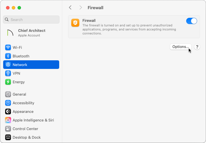 Selecting the Options button in the Firewall settings