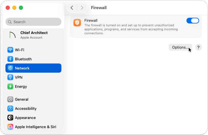 Selecting the Options button in the Firewall settings