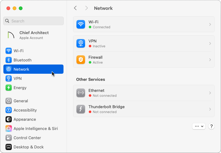 Network section of the System Settings on a Mac computer