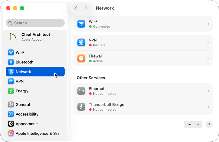 Network section of the System Settings on a Mac computer