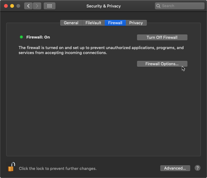 Apple> System Preferences> Security & Privacy> Firewall Accessing the Firewall Options located in the Security & Privacy section of the System Preferences