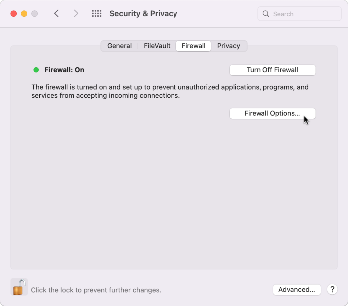 Accessing the Firewall Options located in the Security & Privacy section of the System Preferences