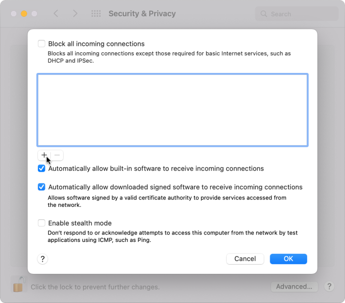 Add a new connection to the Firewall Options