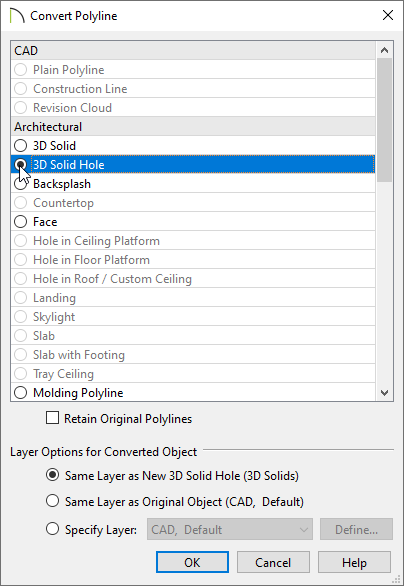 Select the 3D Solid Hole option in the Convert Polyline dialog