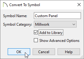 Select the millwork category when converting panels to symbols
