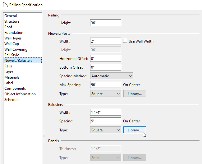 Selecting the Library button next to the Baluster Type on the Newels/Balusters panel of the Railing Specification dialog