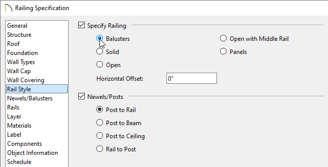 Balusters is chosen on the Rail Style panel of the Railing Specification dialog