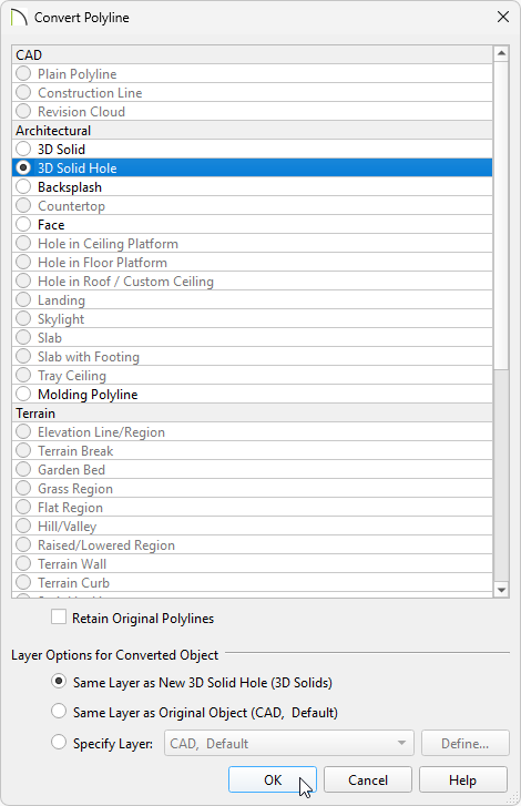 Select the 3D Solid Hole option in the Convert Polyline dialog