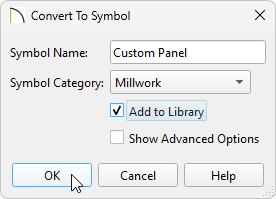 Select the millwork category when converting panels to symbols