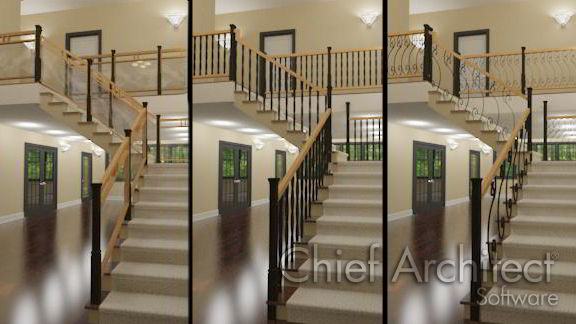 Creating Custom Balusters and Railing Panels three views of the same stair with different balusters and newels