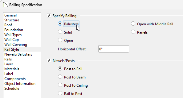 Balusters is chosen on the Rail Style panel of the Railing Specification dialog