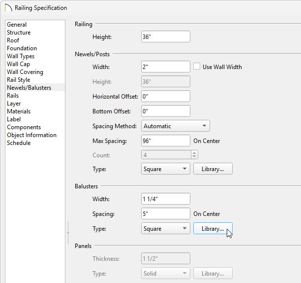 Selecting the Library button next to the Baluster Type on the Newels/Balusters panel of the Railing Specification dialog
