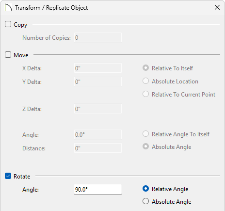 Transform Replicate Object dialog with the Rotate box enabled