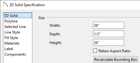 In the 3D Solid Specification set your depth to 1/2"