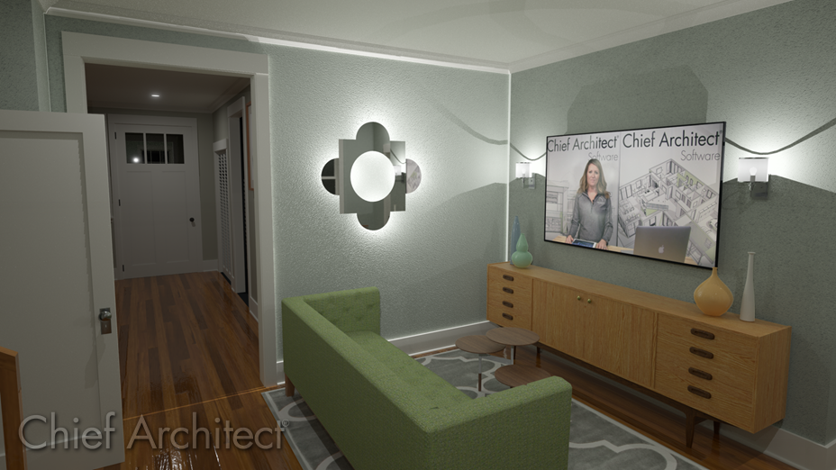 Real time ray trace perspective view of a mirror created with a 3D/Polyline Solid hanging on a living room wall