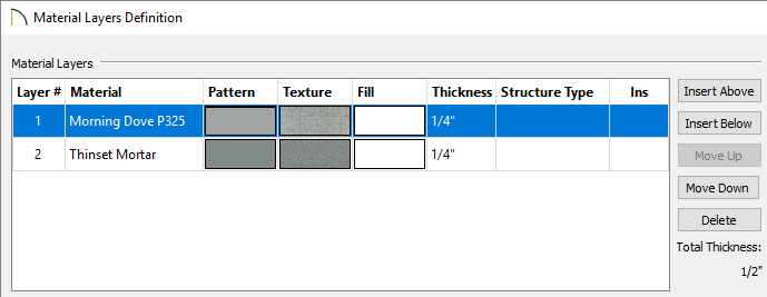 Material Layers Definition showing two layers. Layer 1 is tile and layer 2 is mortar