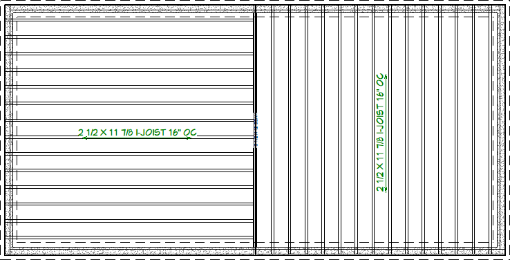 Floor Plan view of foundation with floor joists generated for the first floor going in different directions on each side of the bearing line