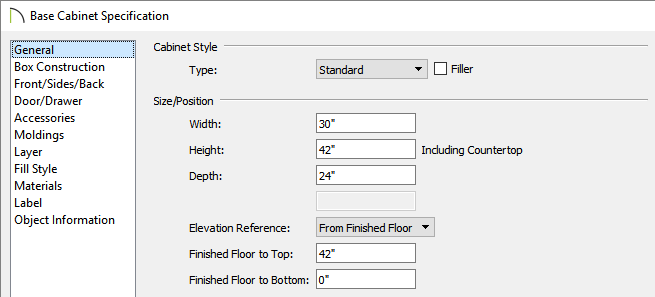Set the width, height and other cabinet properties in the Base Cabinet Specification dialog