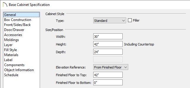 Set the width, height and other cabinet properties in the Base Cabinet Specification dialog