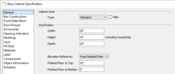 Set the width, height and other cabinet properties in the Base Cabinet Specification dialog