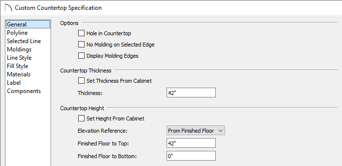 Custom Countertop Specification dialog