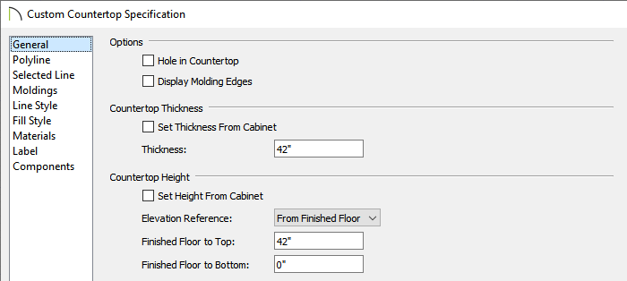 Custom Countertop Specification dialog