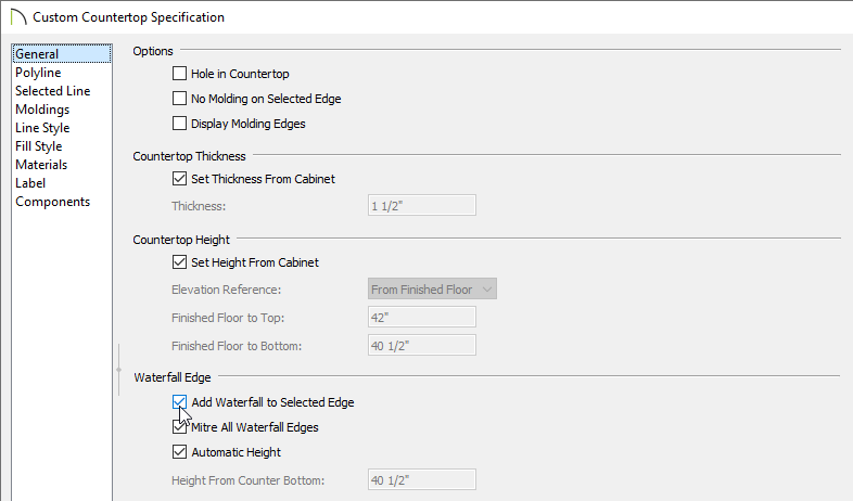 Check the Add Waterfall to Selected Edge box