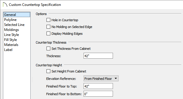 Custom Countertop Specification dialog where the thickness and height of the countertop can be set