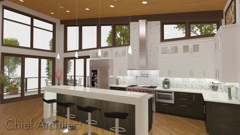 Kitchen island in the center of an open kitchen/living area