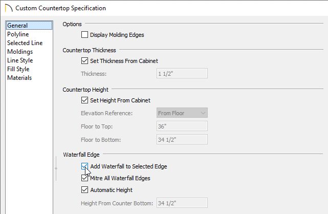 Check Add Waterfall to Selected Edge box on the General panel of the Custom Countertop Specification dialog