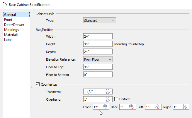 Adjusting the Countertop Overhang on the General panel of the Base Cabinet Specification dialog