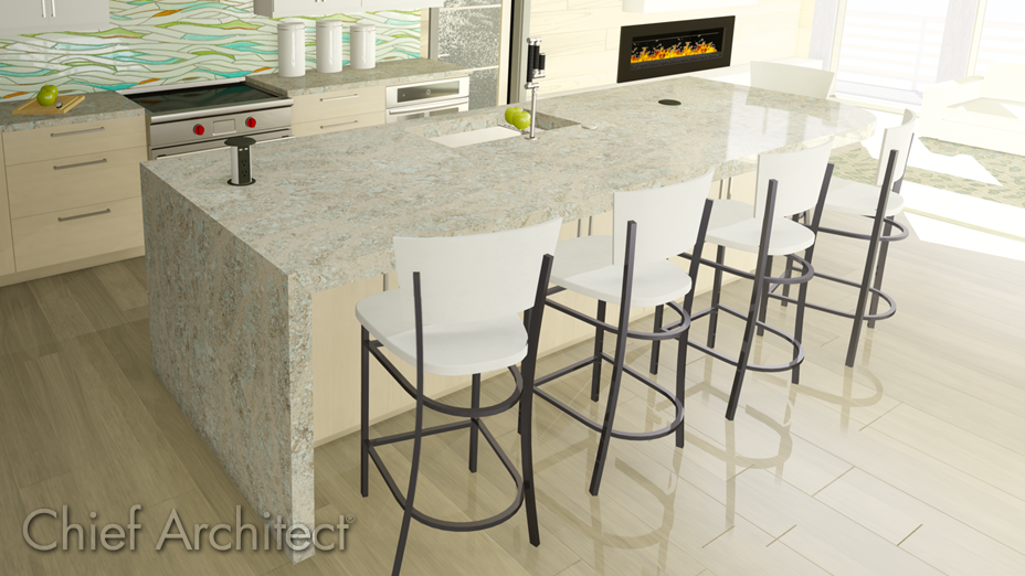 Waterfall countertop applied to a kitchen island