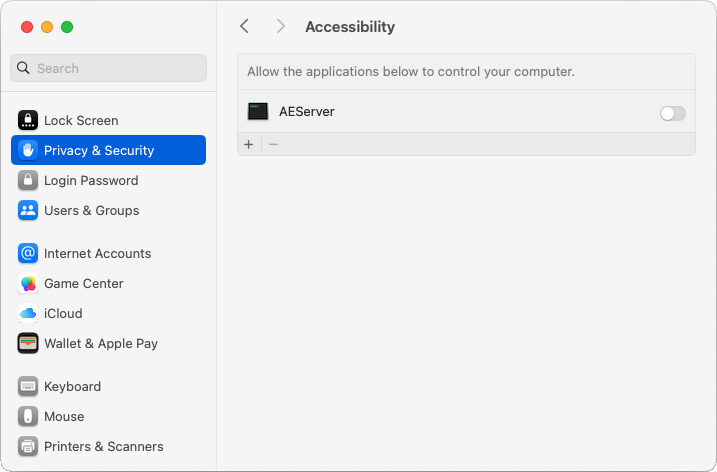 Accessibility section located on the Privacy tab of Security & Privacy