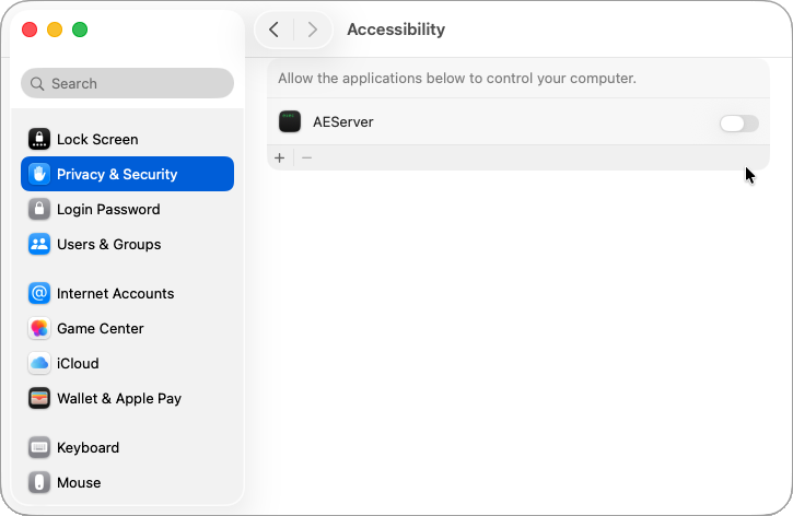 Accessibility section located on the Privacy tab of Security & Privacy