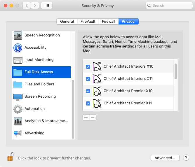 Full Disk Access folder located on the Privacy tab of Security & Privacy