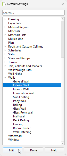 Exterior Wall default is selected